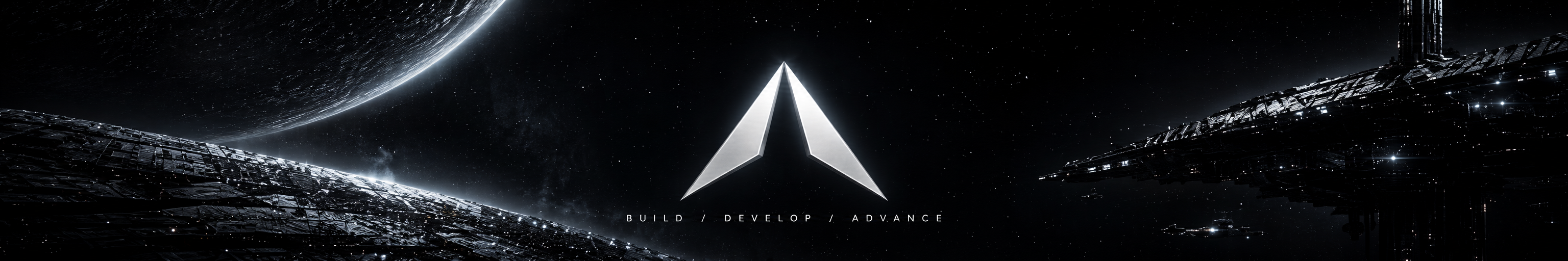 Monochrome concept artwork expressing AETRACH's long-term direction: a planet and large orbital structures around the central AETRACH emblem, captioned Build, Develop, Advance.